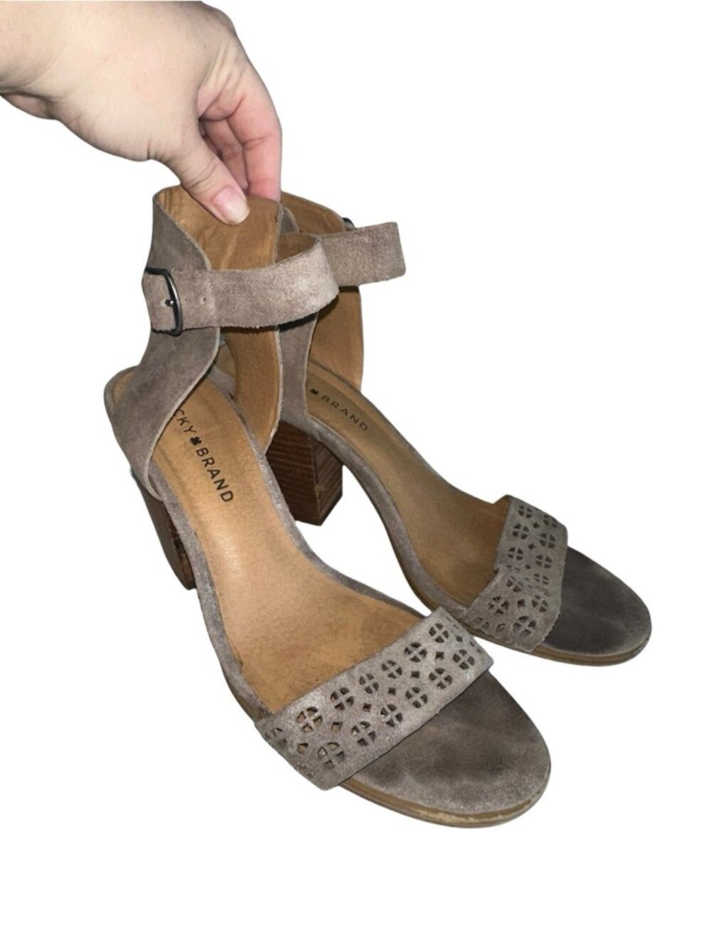 Lucky Brand 8.5 Taupe Suede Odonnah High Block Heel Leather Sandal